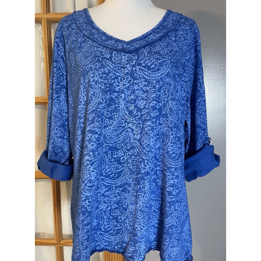 90s Fresh Produce Floral Pullover Top XL Blue V Neck Roll Tab USA Made Beach